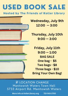Flyer for a used book sale with a stack of books and sale details.