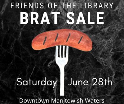 Brat Sale flyer with black marble background, featuring a bratwurst on a fork and event details.