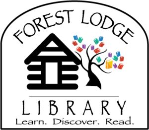 Logo of Forest Lodge Library with a cabin, tree with colorful books, and text "Learn. Discover. Read."