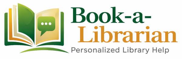 Logo featuring an open book with a speech bubble and the words 'Book-a-Librarian Personalized Library Help.'