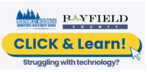 Promotional graphic with logos and the text "CLICK & Learn! Struggling with technology?"