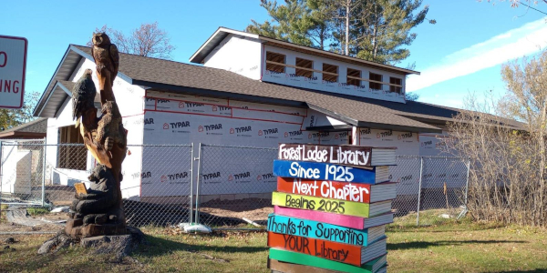 A construction site with a wooden owl statue and a colorful stack of book signs in front of a partially finished building.